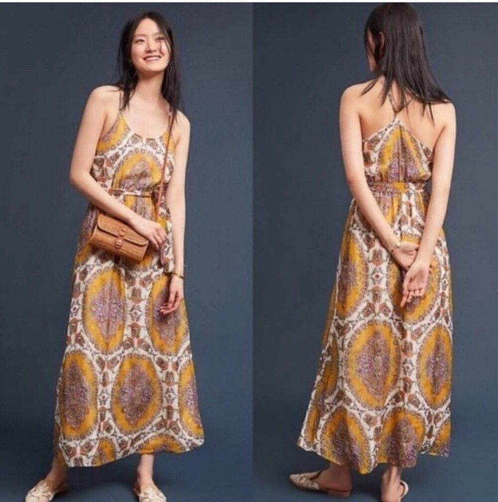 Anthropologie Akemi + Kin Mustard Medallion Paisley Print Maxi Dress Metalic XS